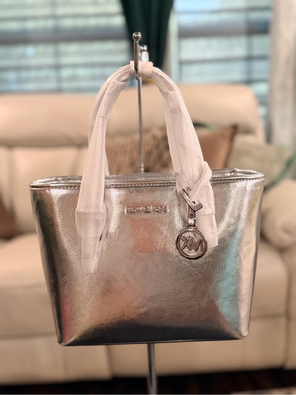 Michael Kors Carry All Metallic Silver Leather Tote with Logo Charm